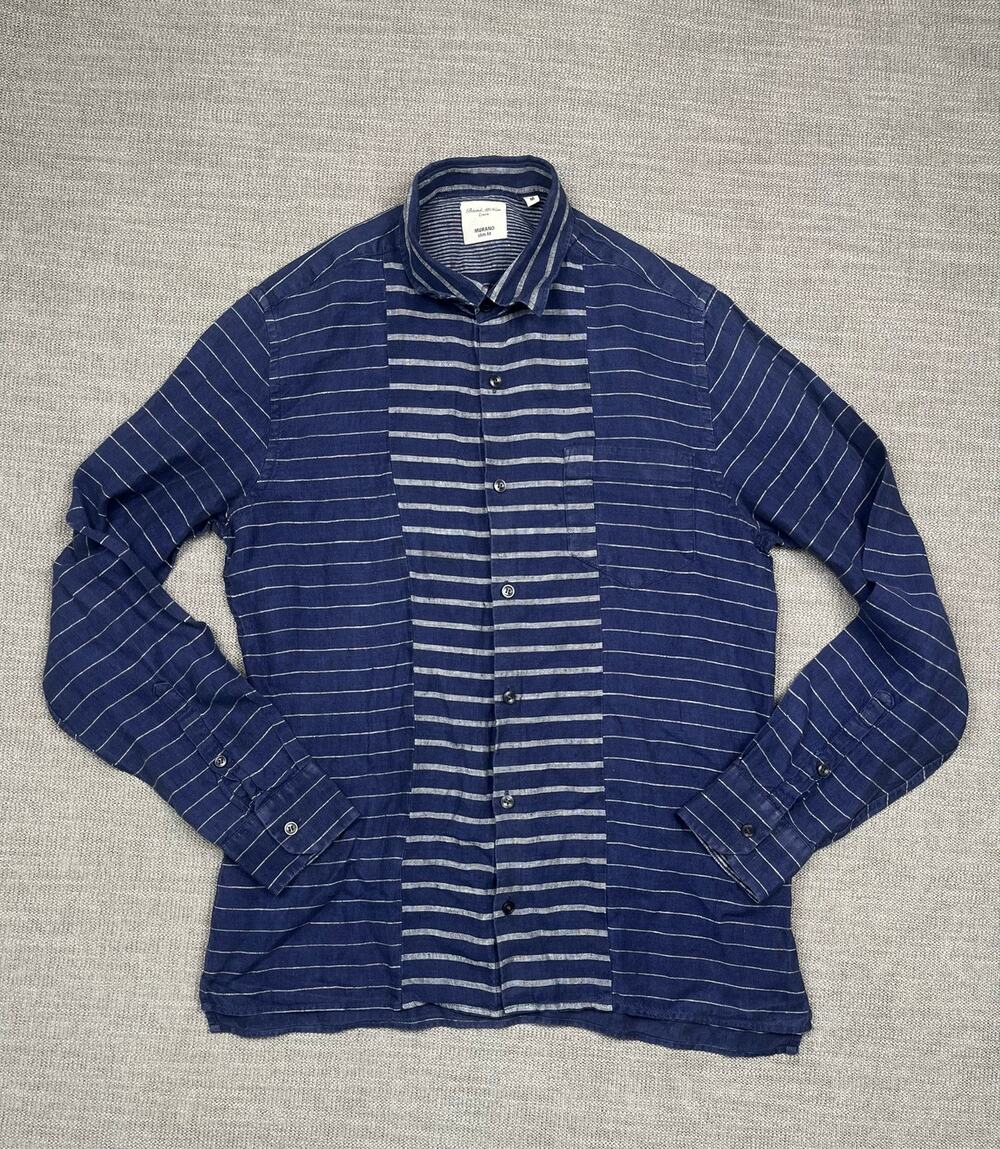 Baird McNutt Murano Button Up Shirt Mens Medium Blue Striped Linen Long Sleeve